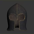 Ancient Spartan Weapon Helmet With Rusty Metallic Surface And V Shaped Face Visor 3d model