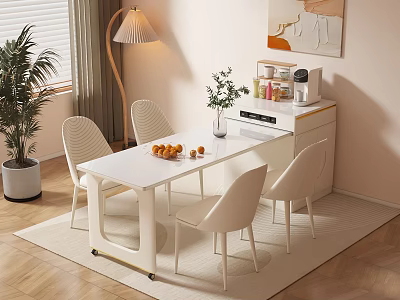 Modern White Dining Table Set With Four Chairs Vase Fruit Tray And Floor Lamp 3d model