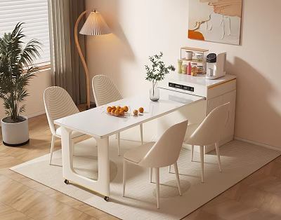 Modern White Dining Table Set With Four Chairs Vase Fruit Tray And Floor Lamp 3d model