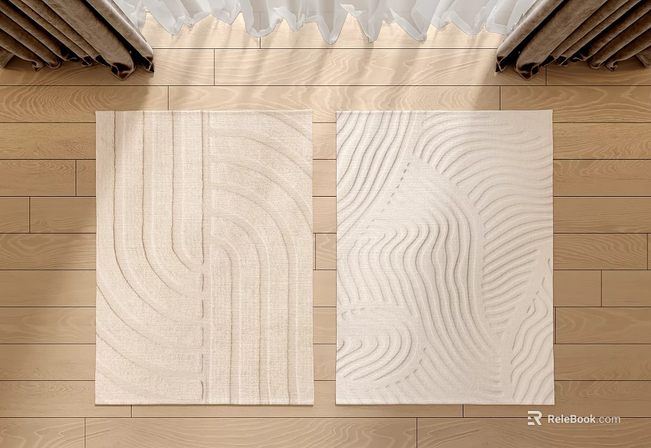 Two Soft Square Rugs With Textured Wave Design On Wooden Floor 3d model 