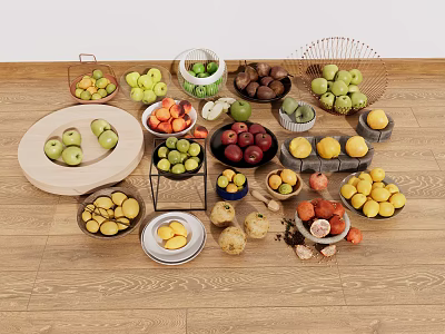 Colorful Variety of Fresh Fruits in Baskets Bowls and Plates on Wooden Floor 3d model