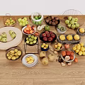 Colorful Variety of Fresh Fruits in Baskets Bowls and Plates on Wooden Floor