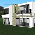 Modern Detached Villa With Large Glass Windows Black Railings Green Lawn And Mountain View