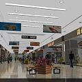 Bright Department Store Interior With Spacious Aisles Advertising Banners Shoppers Flower Bed Benches Signage