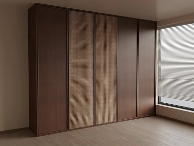 Dark Wood Wardrobe With Rattan Panels And Window Blinds In Room Interior 3d model