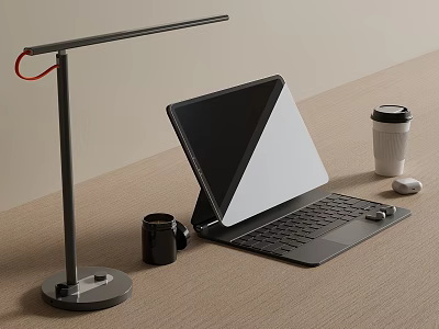 Modern Tablet With Keyboard And Mouse On Desk With Desk Lamp And Coffee Mug 3d model