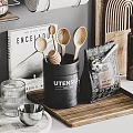 Kitchen Decorative Ornaments Set With Wooden Shelf Metal Tins Glass Jars Coffee Machine And Marble Tray