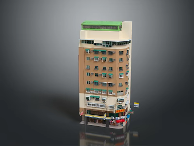 Multi Story Building With Green Roof Brown White Exterior And Ground Floor Shops 3d model