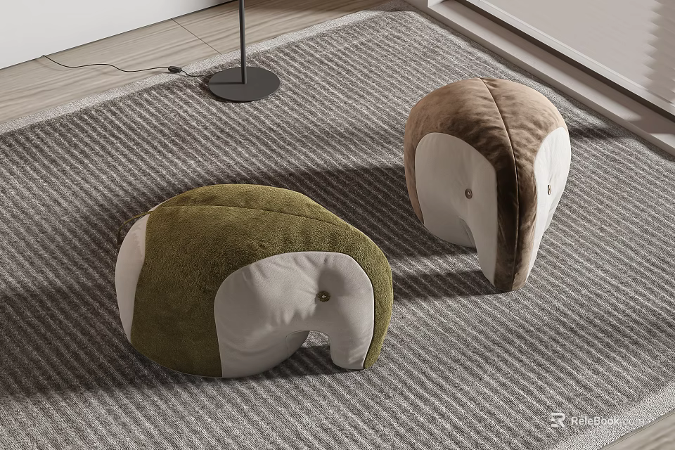 Adorable Elephant Shaped Ottomans Green White and Brown Plush on Gray Rug 3d model 