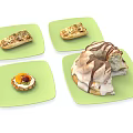 Assorted Desserts on Green Square Plates Featuring Fruit Tart Long Pastries and Chocolate Drizzle Ring