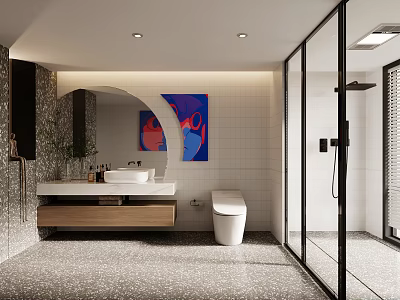 Modern Bathroom Interior Design Featuring Arched Mirror Wooden Vanity White Sink And Glass Shower 3d model