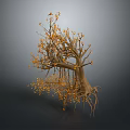 Wooden Stone Decorative Tree With Yellow Blossoms And Intricate Roots For Interior Decor