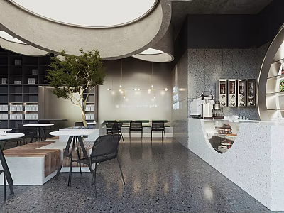 Modern Book Art Space Design With Bookshelves Green Plant Tables And Bar Counter 3d model