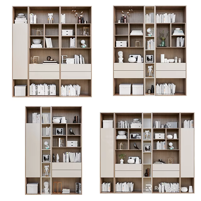 Modern Bookcase Design With Layered Shelves Books Decorative Frames And Plants 3d model 