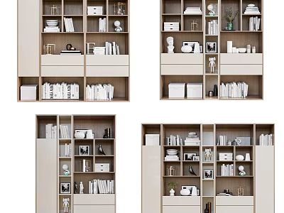 Modern Bookcase Design With Layered Shelves Books Decorative Frames And Plants 3d model