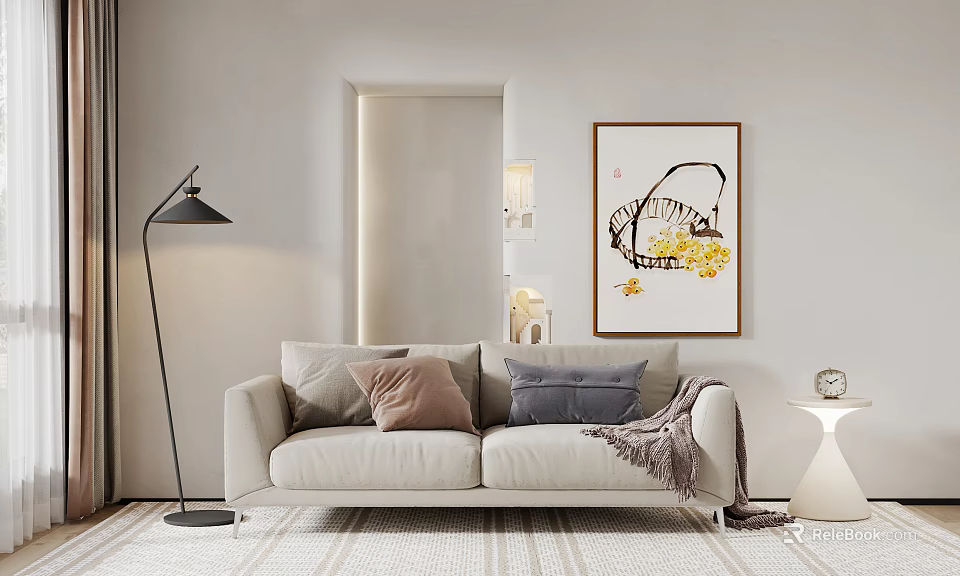 Beige Two Seater Sofa With Soft Pillows Floor Lamp And Yellow Flower Wall Art 3d model 