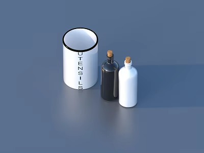 Stylish Kitchenware With White Mug Black Rim And Two Cork Stopper Bottles 3d model