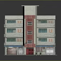 Multi Story Building Model With Red Gray Walls And Blue Awnings Windows Doors