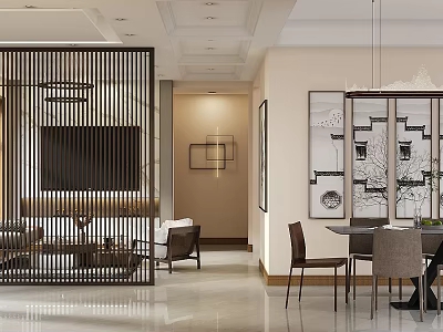 Modern Chinese Dining and Living Room Interior With Wooden Screen And Dining Table 3d model