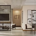 Modern Chinese Dining and Living Room Interior With Wooden Screen And Dining Table