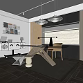 Modern Study Desk Carpet Bookcase Chandelier 3d model