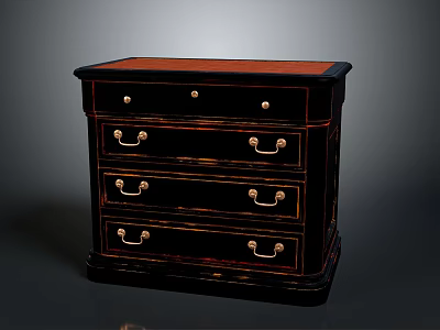 Classic Dark Wood Chest of Drawers With Red Top And Golden Handles 3d model