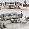 Elegant Modern Sofa Coffee Table Set With Blue Throw Pillows And Accent Chair 3d model