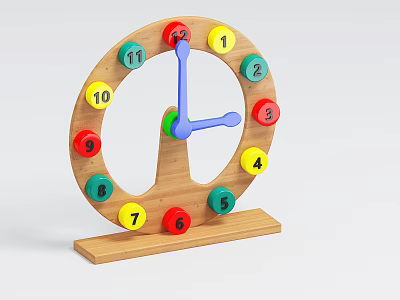 Wooden Educational Clock With Colorful Numbers And Hands On Stable Wooden Base 3d model