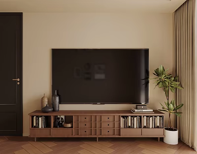 Minimalist Wooden TV Stand with Large Screen TV Drawers Shelves Books and Potted Plant 3d model