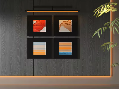 Abstract Paintings Black Frames On Gray Wooden Wall With Pendant Light And Green Plant 3d model