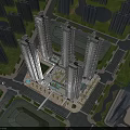 Modern Commercial Street With Surrounding Tall Buildings Central Plaza And Green Areas