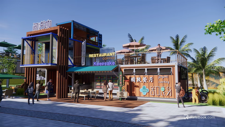 Container Style Boutique Homestay Architecture With Open Wooden Structure And Outdoor Palm Tree Terrace 3d model 