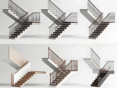 Various Modern Staircase Designs with Wooden Handrails and Different Step Styles 3d model