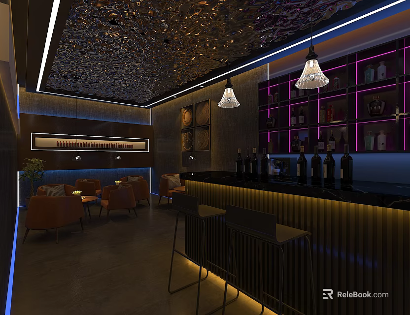 Stylish Bar Interior With Purple Lighting Pendant Lights Bar Stools And Wine Racks 3d model 