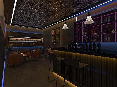 Stylish Bar Interior With Purple Lighting Pendant Lights Bar Stools And Wine Racks 3d model