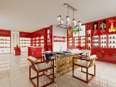 Tobacco and Alcohol Store Interior With Red Display Cabinets Liquor Products Chandeliers Tables and Chairs 3d model