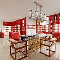 Tobacco and Alcohol Store Interior With Red Display Cabinets Liquor Products Chandeliers Tables and Chairs