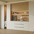 Modern Wine Cabinet Interior Design With Wooden White Cabinets LED Lighting Coffee Machine And Fruits