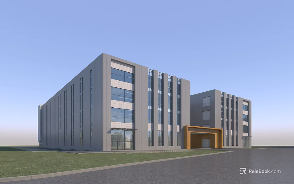 Modern Industrial Factory Building With Large Glass Windows Gray Exterior And Front Entrance Porch 3d model 
