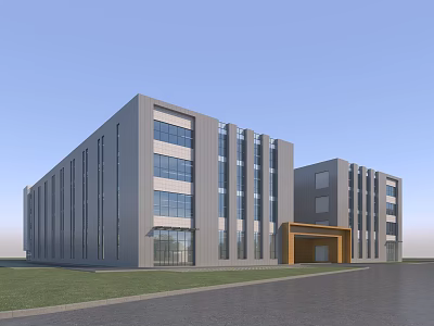 Modern Industrial Factory Building With Large Glass Windows Gray Exterior And Front Entrance Porch 3d model