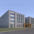 Modern Industrial Factory Building With Large Glass Windows Gray Exterior And Front Entrance Porch