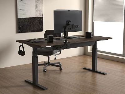 Ergonomic Adjustable Height Office Desk with Monitor Keyboard Hanging Headphones Black Chair and Window Blinds 3d model