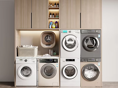 Wooden Laundry Cabinetry With Stacked Washing Machines Dryers And Storage Shelves For Supplies 3d model