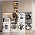 Wooden Laundry Cabinetry With Stacked Washing Machines Dryers And Storage Shelves For Supplies