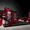 Wedding Banquet Hall With Red Floral Decorations Full Moon Backdrop And Red Carpet Aisle