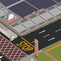 Solar Panel Covered Parking Lot With Bus Building And STOP Sign 3d model