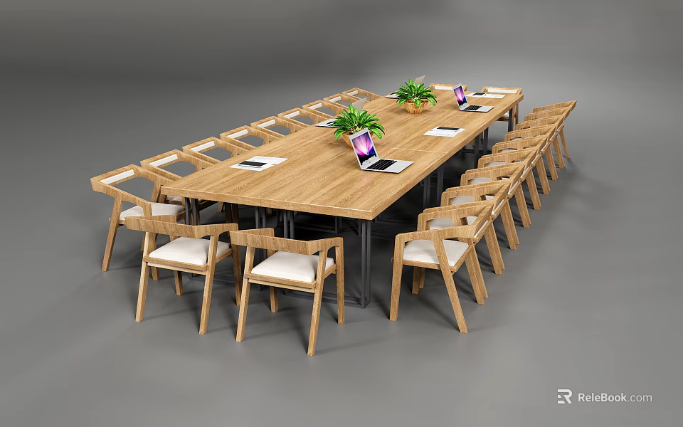 Spacious Wooden Conference Table With Matching Chairs Laptops And Potted Plants Setup 3d model 
