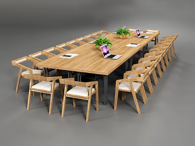 Spacious Wooden Conference Table With Matching Chairs Laptops And Potted Plants Setup 3d model