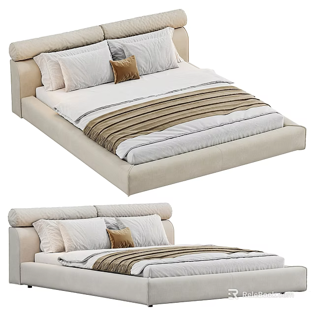 Light Colored Upholstered Double Bed With White Bedding And Decorative Pillows 3d model