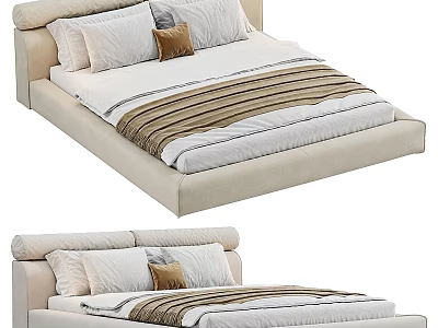 Light Colored Upholstered Double Bed With White Bedding And Decorative Pillows 3d model